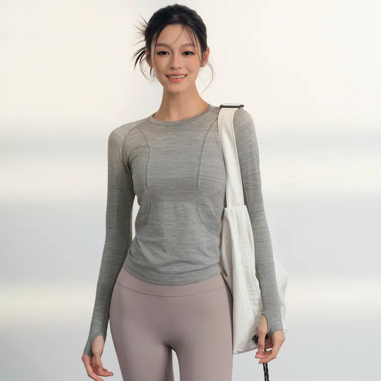 健身女孩lulu弹力无缝瑜伽服圆领修身上衣跑步普拉提训练运动长袖