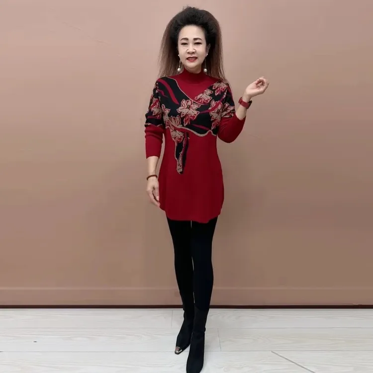 秋冬时尚大码半高领中长款针织衫妈妈装长袖宽松弹力毛衣打底裙