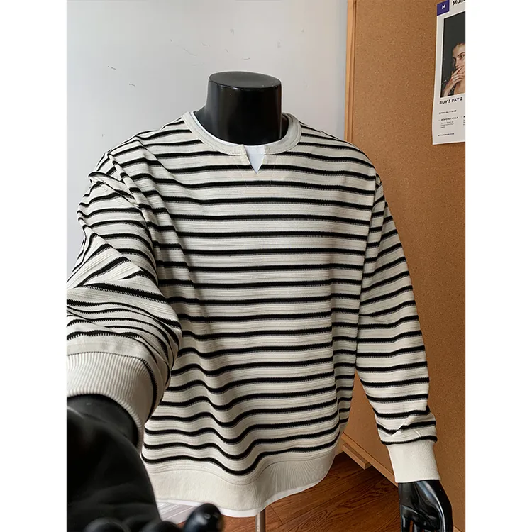 青少年条纹卫衣秋季潮流假两件潮流宽松长袖套头内搭男V领体恤衫