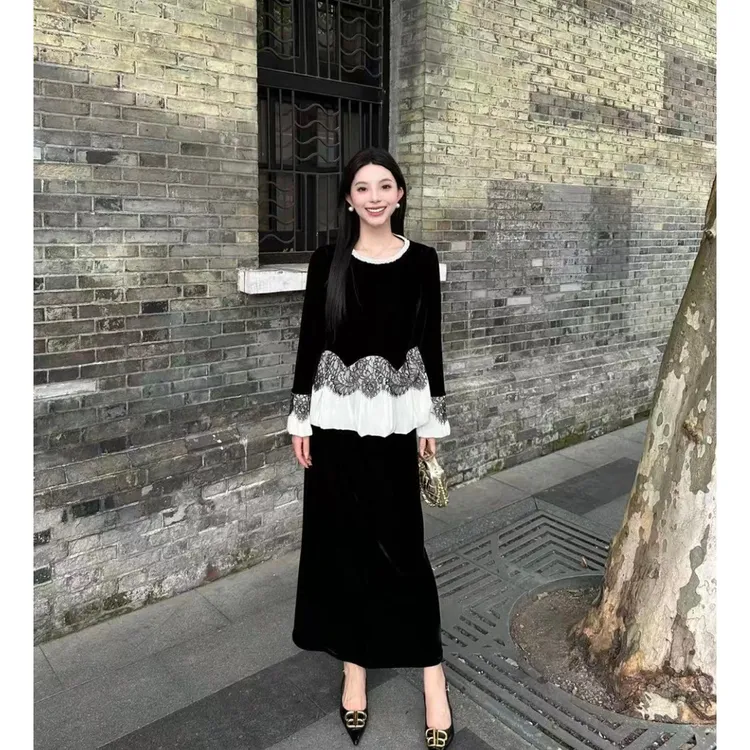 【现货】猫七七2025早秋新款洋气时尚百搭拼接蕾丝半身裙套装