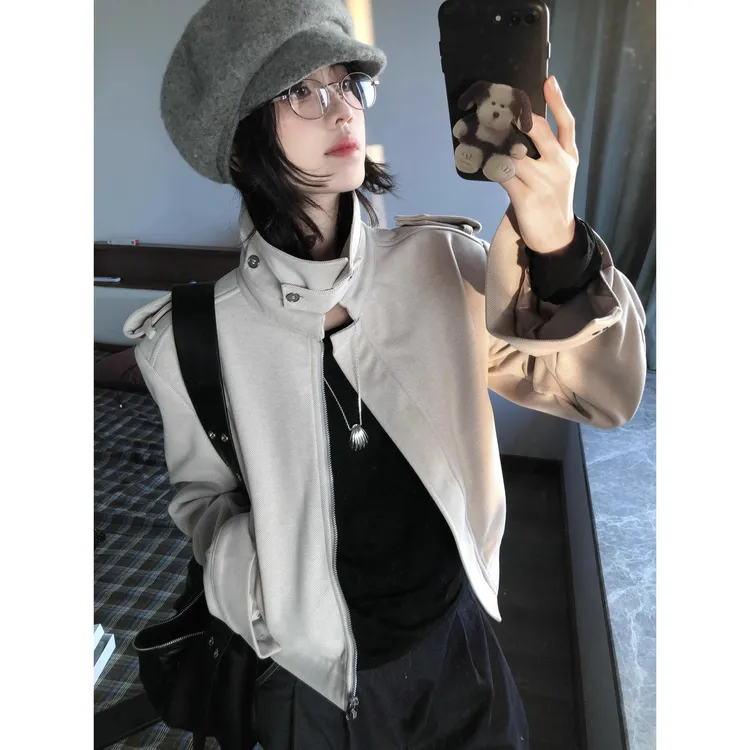 美式复古立领斜纹短款外套女2025春秋新款米杏色洋气休闲夹克上衣