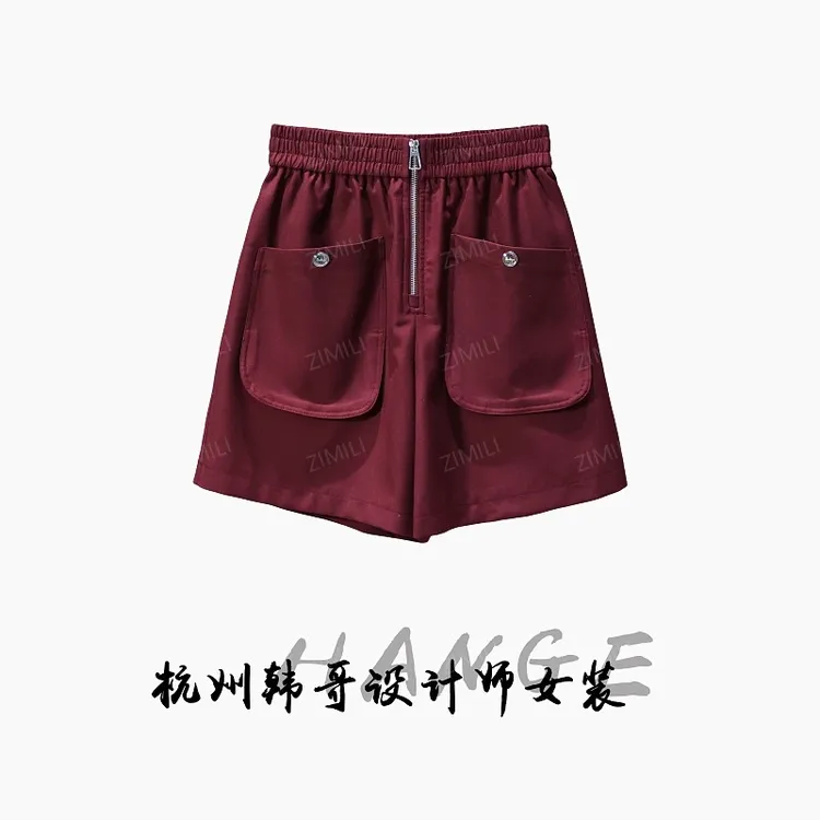 【韩哥女装】设计师款欧版重工红色拉链口袋装饰高克重短裤8019-H5