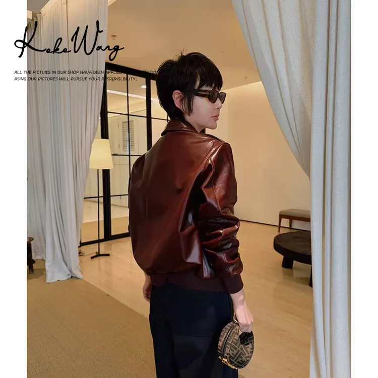 KOKO WANG新款轻奢高级感复古做旧翻领机车皮夹克外套X0685L20W43