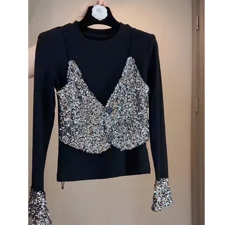 时尚假两件德绒打底衫女2025春秋新款设计感亮片长袖减龄显瘦上衣