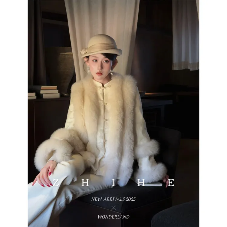 无艳一禾【揽月】原创浪漫新中式提花狐狸毛立领白鸭绒羽绒服