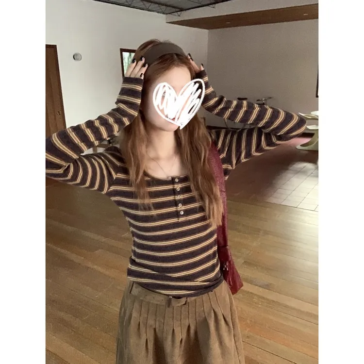 2025冬季新款韩系穿搭条纹高级设计感长袖打底T恤修身显瘦女上衣