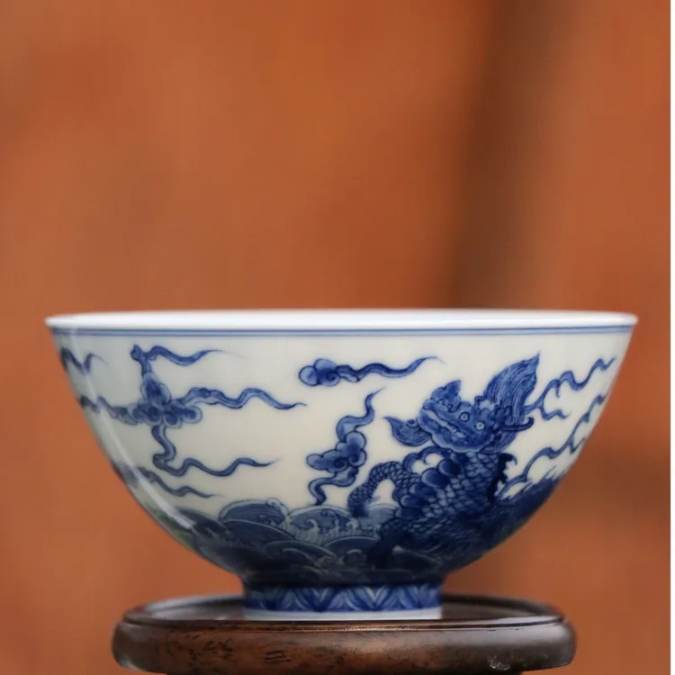 慈万堂全手工青花海水陶瓷麒麟鸡心杯！画工精细+高性价比速抢茶杯