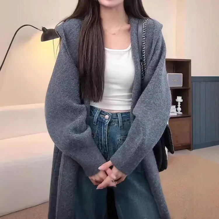慵懒连帽长款针织开衫女2025秋季新款女装过膝毛衣长外套女