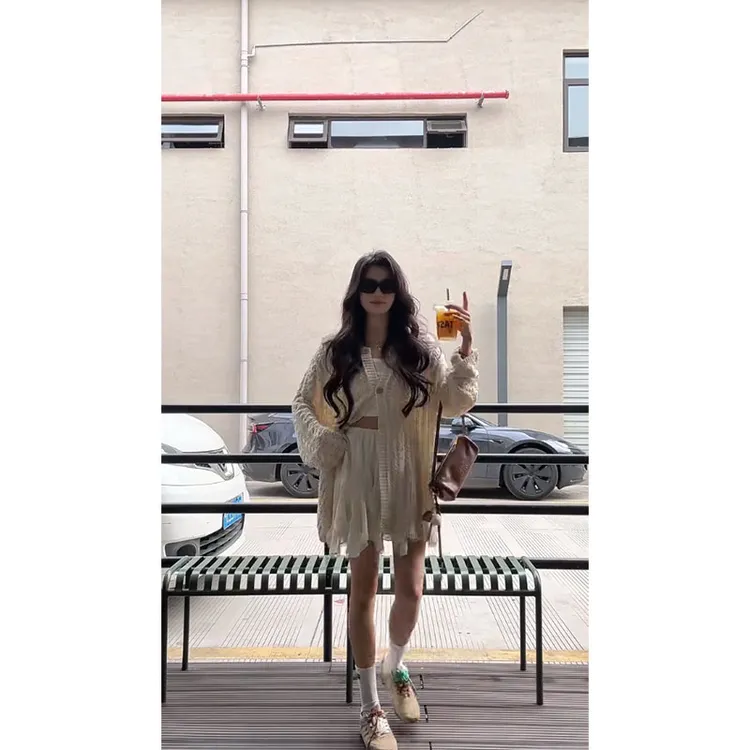 韩系新款松弛感休闲百搭镂空针织开衫上衣高腰显瘦时尚半身裙短裙