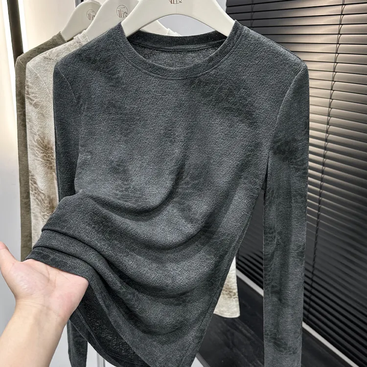 灰色豹纹晕染打底上衣女2025秋季新款别致设计感圆领内搭长袖T恤