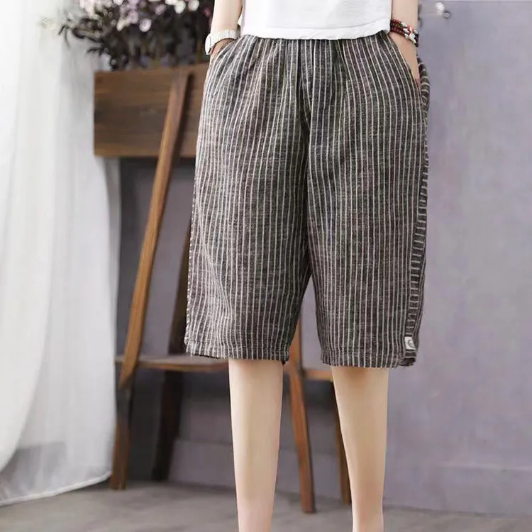 2025夏季新款文艺复古宽松大码条纹休闲五分裤女显瘦薄款休闲女裤