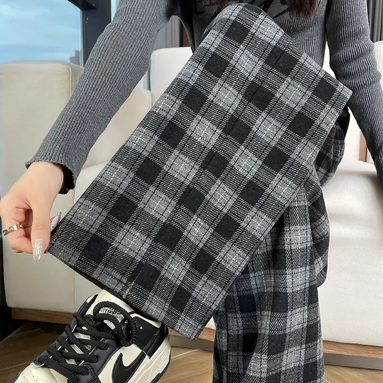 格子裤女加绒阔腿裤秋冬高腰垂感2025新款爆款加厚保暖直筒休闲裤