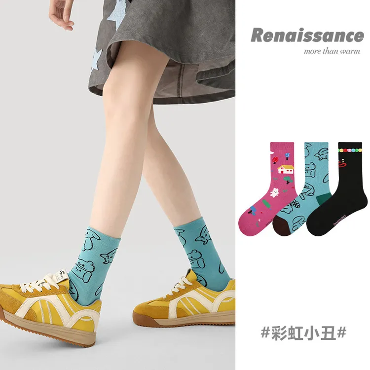 【爆款包邮】袜子女秋冬新款精梳棉彩虹小丑无骨百搭