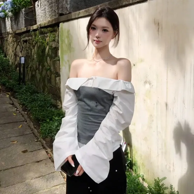 一字肩撞色拼接长袖衬衫女秋季修身收腰衬衣小众纯欲短款百搭上衣