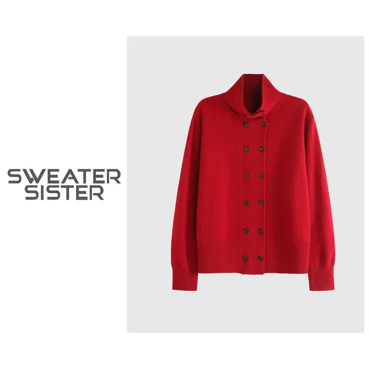 优雅|通勤|高领|开衫毛衣新款双排扣羊毛针织衫女031-9962