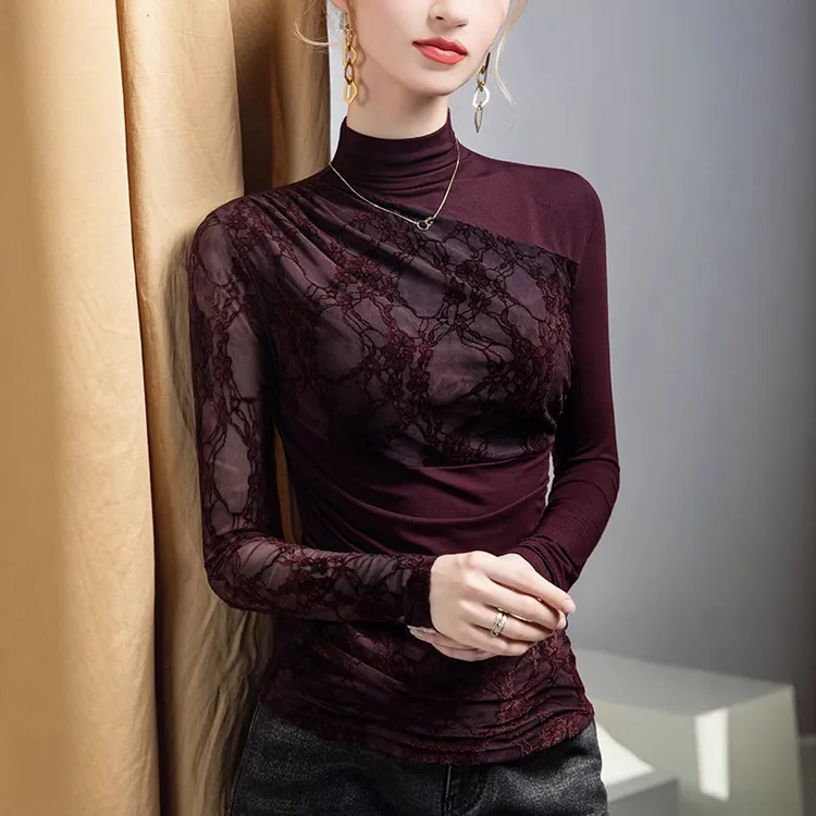 高领植绒蕾丝印花拼接T恤女205秋冬长袖气质打底衫入冬漂亮衣服