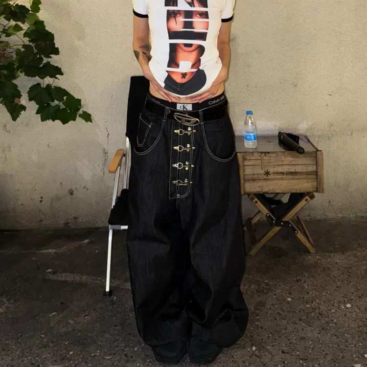 美式vibe大码水洗重工飞机扣牛仔裤女街头直筒宽松显瘦阔腿长裤潮