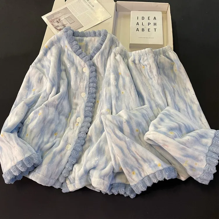 加绒加厚珊瑚绒睡衣女冬季新款蓝色花边开衫保暖法兰绒家居服套装