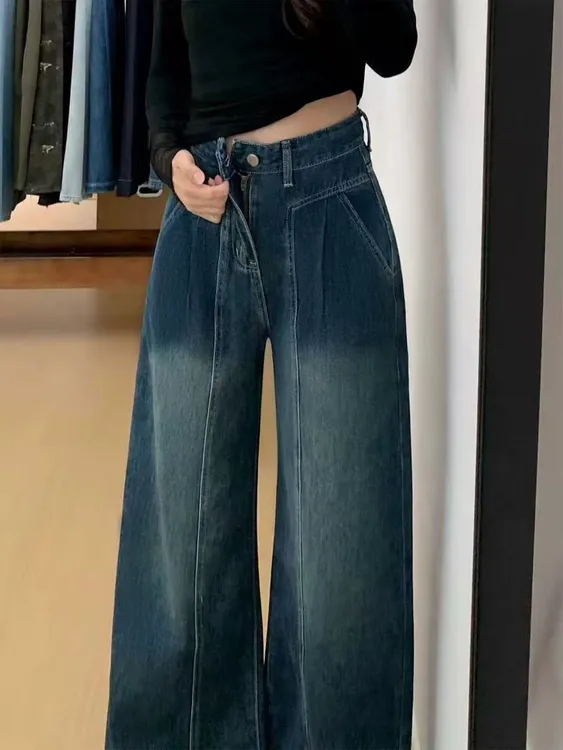 复古蓝直筒牛仔裤女秋冬加绒大码胖mm梨形身材高腰宽松显瘦阔腿裤