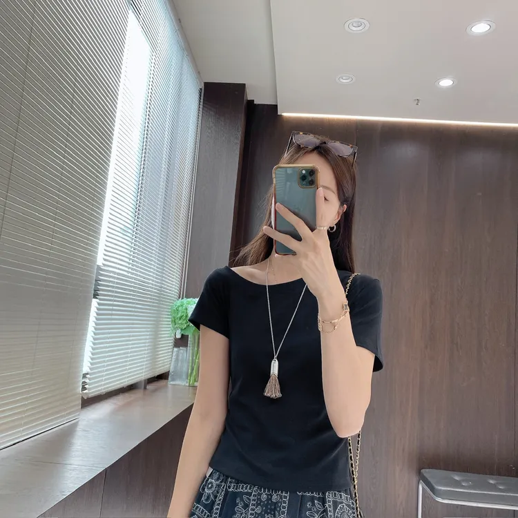 IMFLY金小金自制女装 T恤DYW9265夏季纯色斜肩露肩短袖上衣女