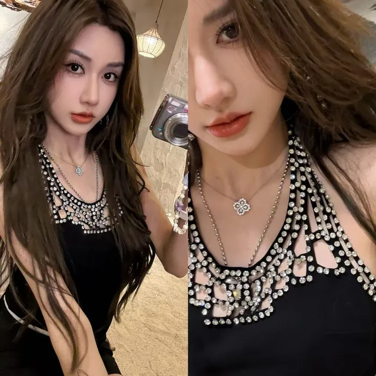 吊带背心重工镶钻挂脖