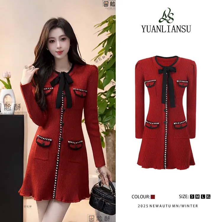 YUANLIANSU/圆脸酥【清风挽心】小香风红色蝴蝶结收腰显瘦连衣裙女