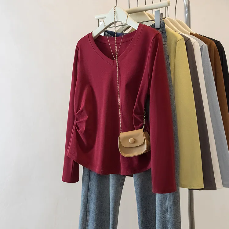 大码女装2025秋季新款修身型V领褶皱纯色显瘦长袖T恤上衣2135
