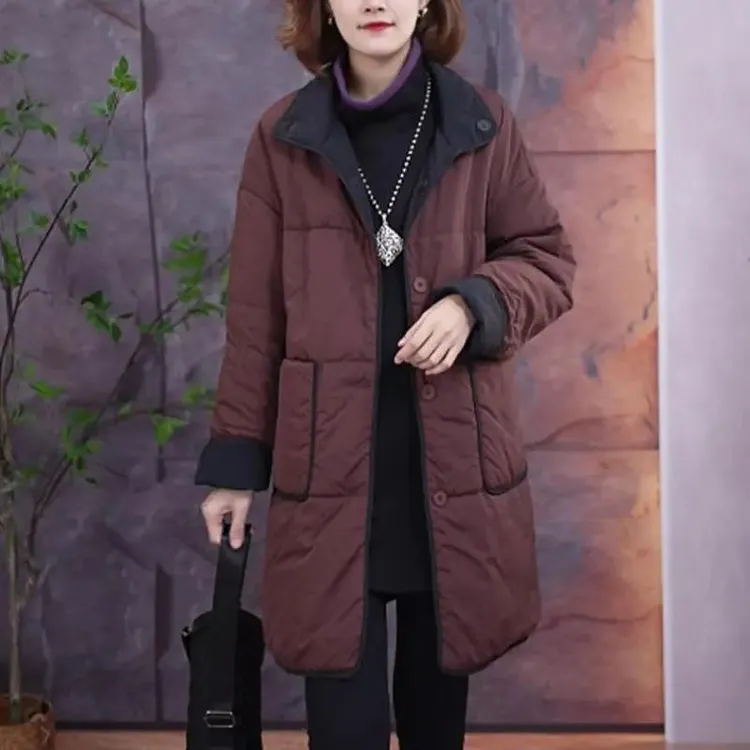 中长款棉服外套冬季两面穿时尚拼色加厚保暖宽松立领防风女棉衣