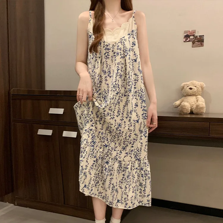 云朵中长款吊带睡裙女款夏季2025年新款甜美碎花睡衣孕妇家居服
