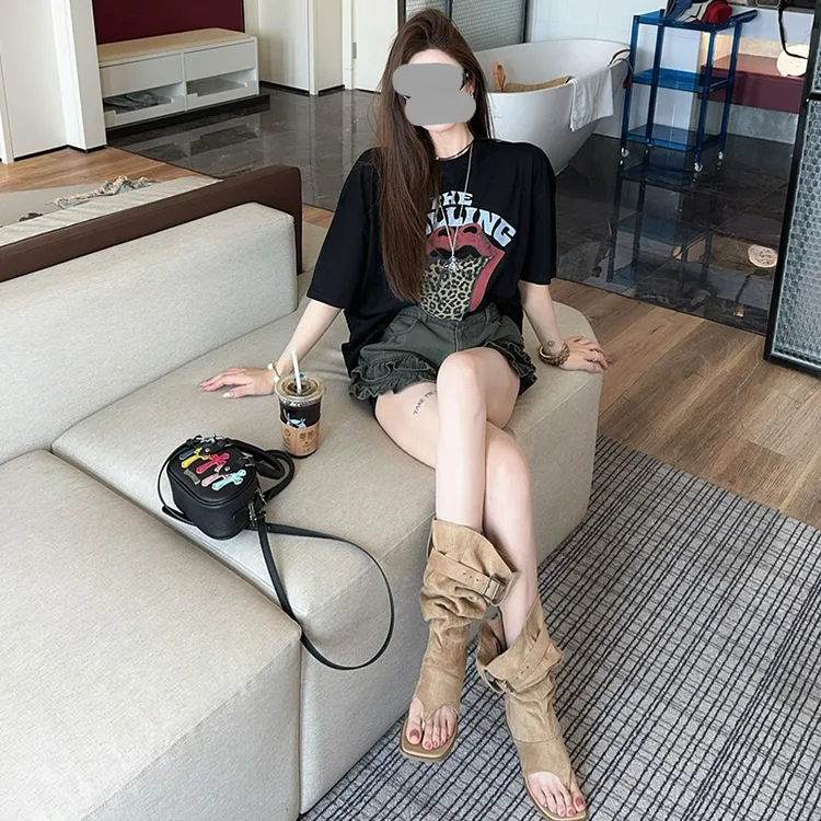 2025夏季新款美式复古印花短袖T恤+高腰显瘦设计感花边短裤套装女