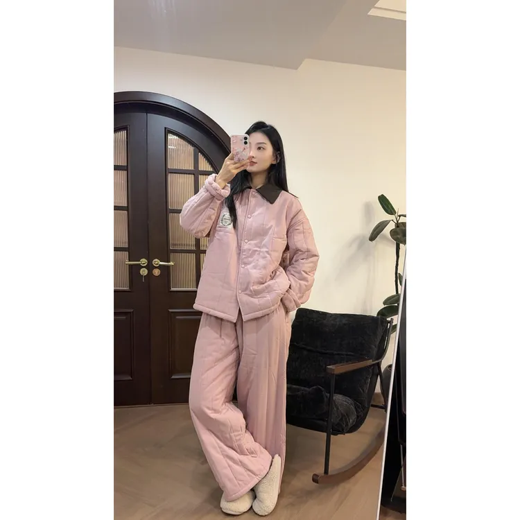 韩版少女纯色三层夹棉睡衣女秋冬加绒加厚情侣款家居服套装可外穿