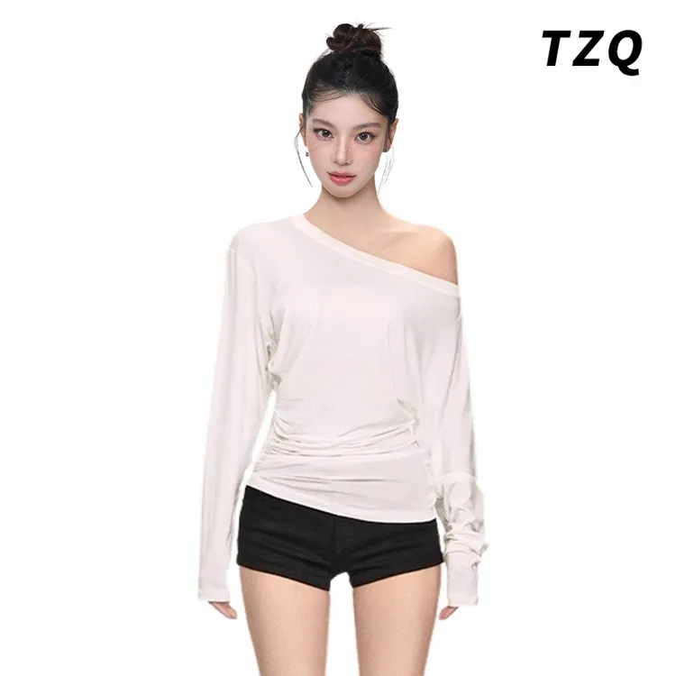 美式白色斜肩长袖t恤女夏季露肩爆款罩衫上衣薄款外搭TZQ2550103