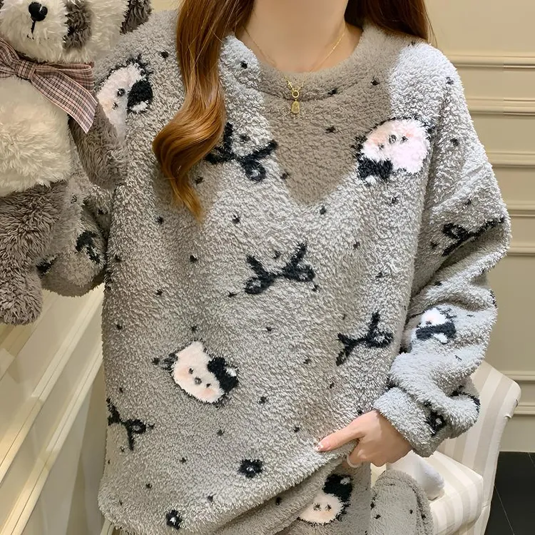 可爱猫咪韩版珊瑚绒加厚保暖睡衣女款秋冬季加绒法兰绒家居服套装