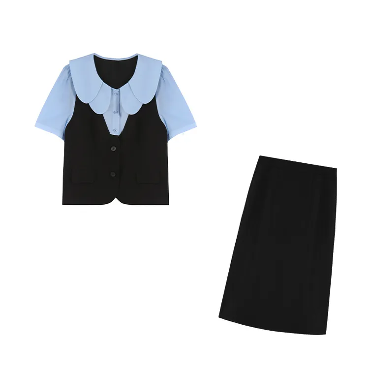 【韩女日常】粉拼黑上衣+黑色短裙两件套ZL95031