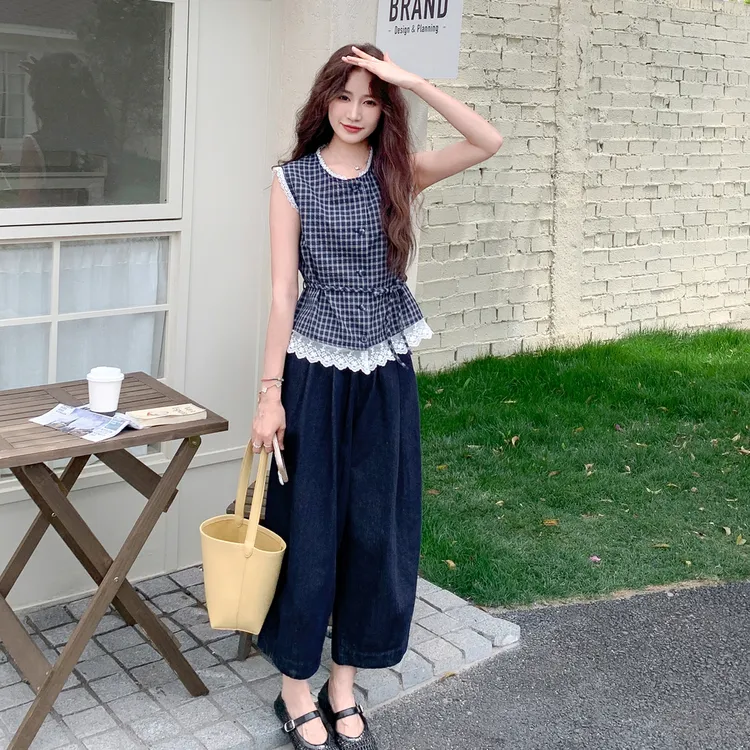 夏季一整套ootd穿搭简约风气质减龄蕾丝格纹马甲阔腿裤两件套装女