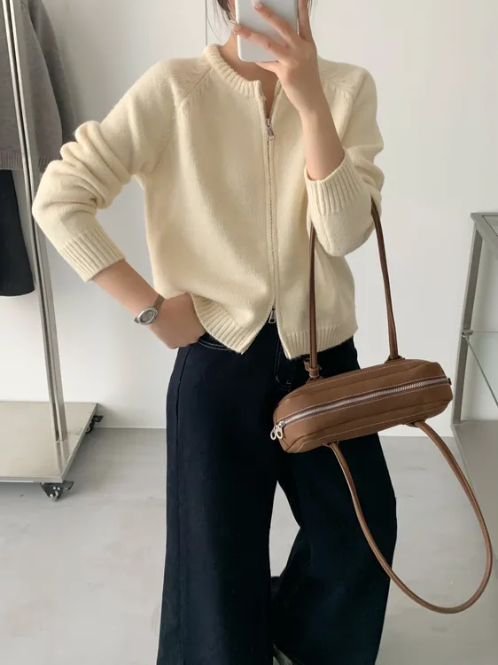 短款毛衣外套女装秋冬新款宽松加厚双拉链开衫长袖针织上衣