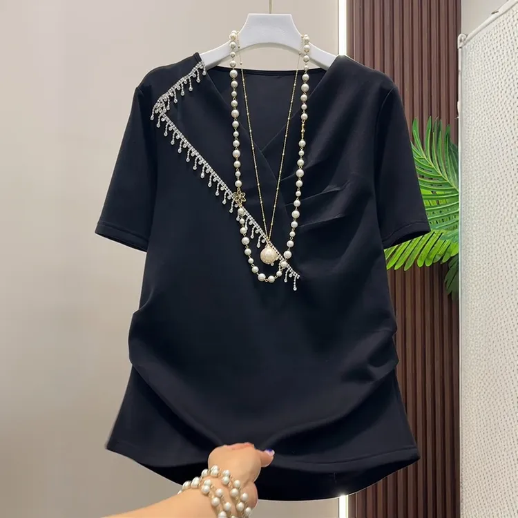 夏季大码女装胖妹妹遮肉显瘦宽松短袖半袖黑色小衫上衣休闲百搭