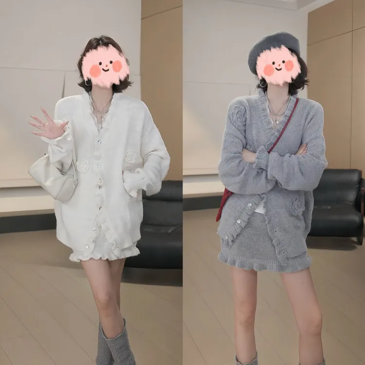 韩系休闲针织套装裙女2025新款立体花朵毛衣开衫外套半身裙两件套