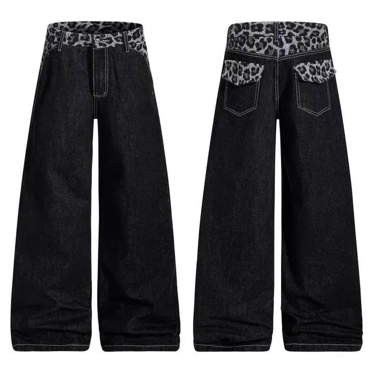 原创国潮豹纹腰头拼接长裤男女高街痞帅cleanfit直筒裤