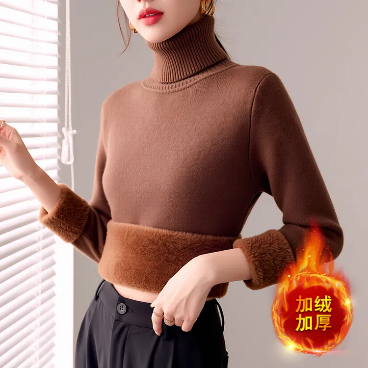 毛衣女加绒加厚一体绒打底衫保暖修身半高领针织衫内搭大码上衣冬