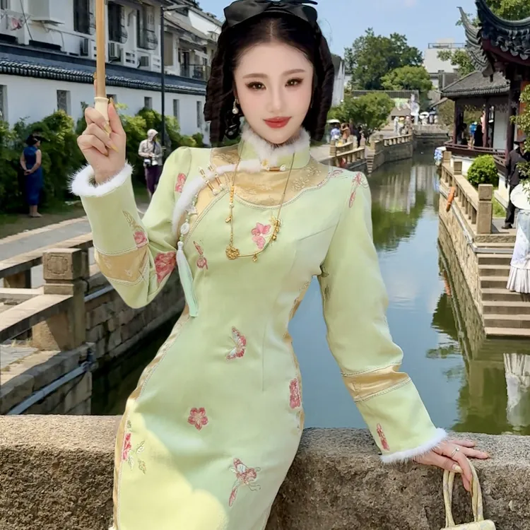 【媛珠 秋日青苹】重工刺绣水貂毛高端旗袍连衣裙长款收腰显瘦长袖