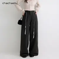 CHACHASTU复古高腰直筒拖地阔腿裤秋冬百搭显瘦抽绳休闲裤ZRS1932
