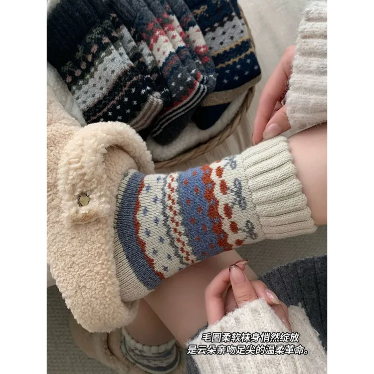 零下十度！复古费尔岛羊毛袜加绒加厚保暖秋冬季民族风超厚中筒袜