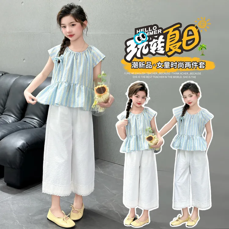女童洋气套装夏季韩版ins中大童娃娃衫阔腿裤两件套小女孩七分裤