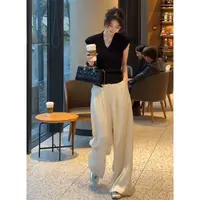 韩系穿搭一整套女夏季黑色v领无袖t恤高腰西装阔腿裤套装DP023