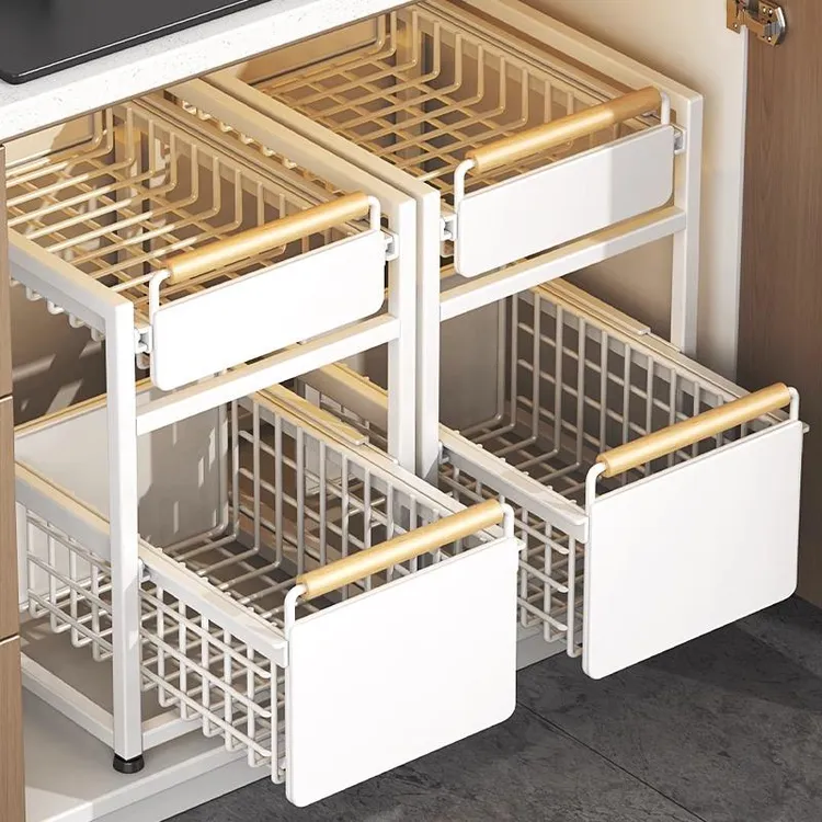 德国拉篮厨房橱柜内家用双层抽屉式调料收纳架抽拉式下水槽置物架