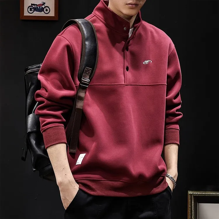 日系POLO立领卫衣男2026新款春秋季重磅宽松大码男装潮牌红色衣服