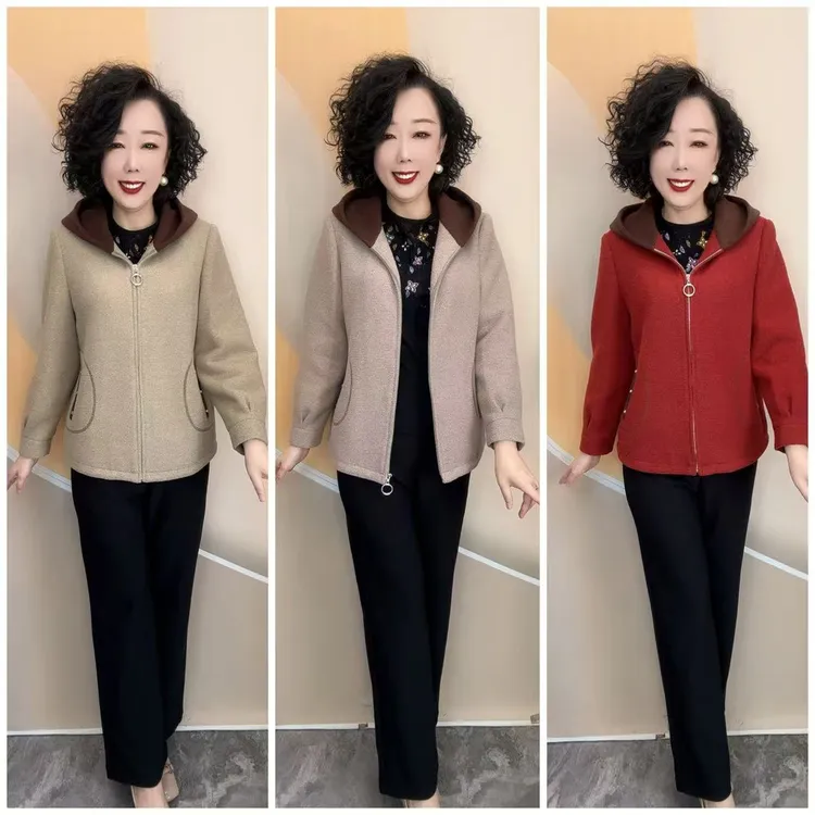 2529新款优雅妈妈加衬时尚宽松大码混纺厚帽外套，64衣长