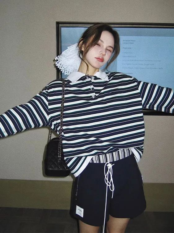 清冷系禅意衣服女超好看条纹polo领长袖T恤2025新款不撞款上衣秋