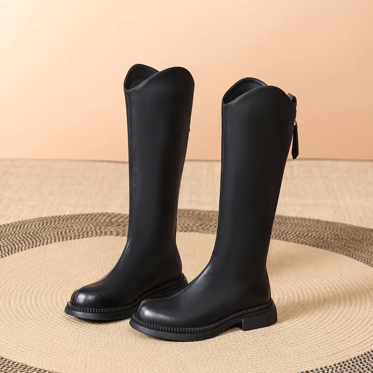 3cm平底v口长筒靴女2025秋冬季新款加宽筒遮肉长靴平底加绒骑士靴